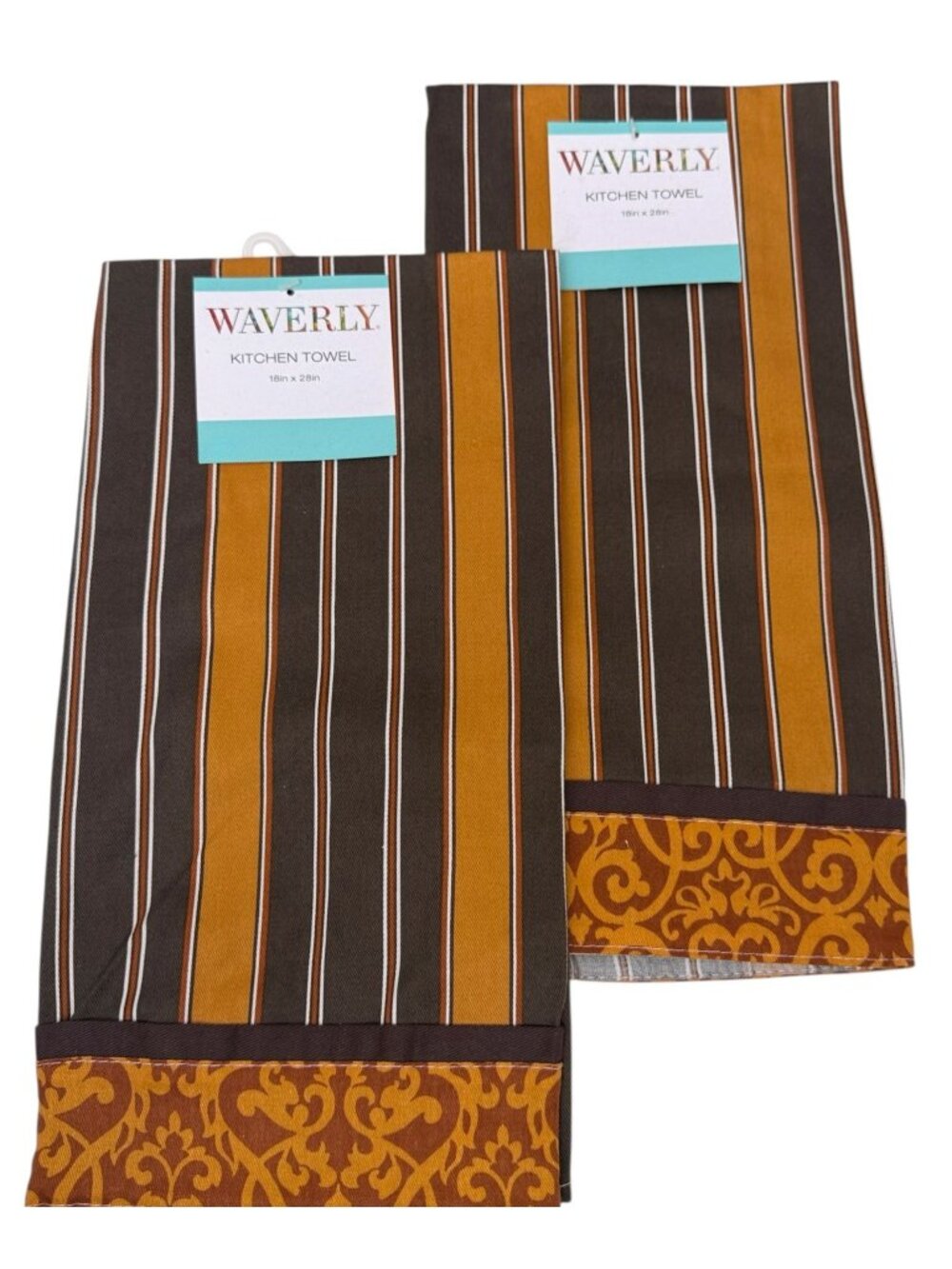 WAVERLY Set of 2 Kitchen Towels Brown Stripe Scroll Border 100% Cotton NWT
